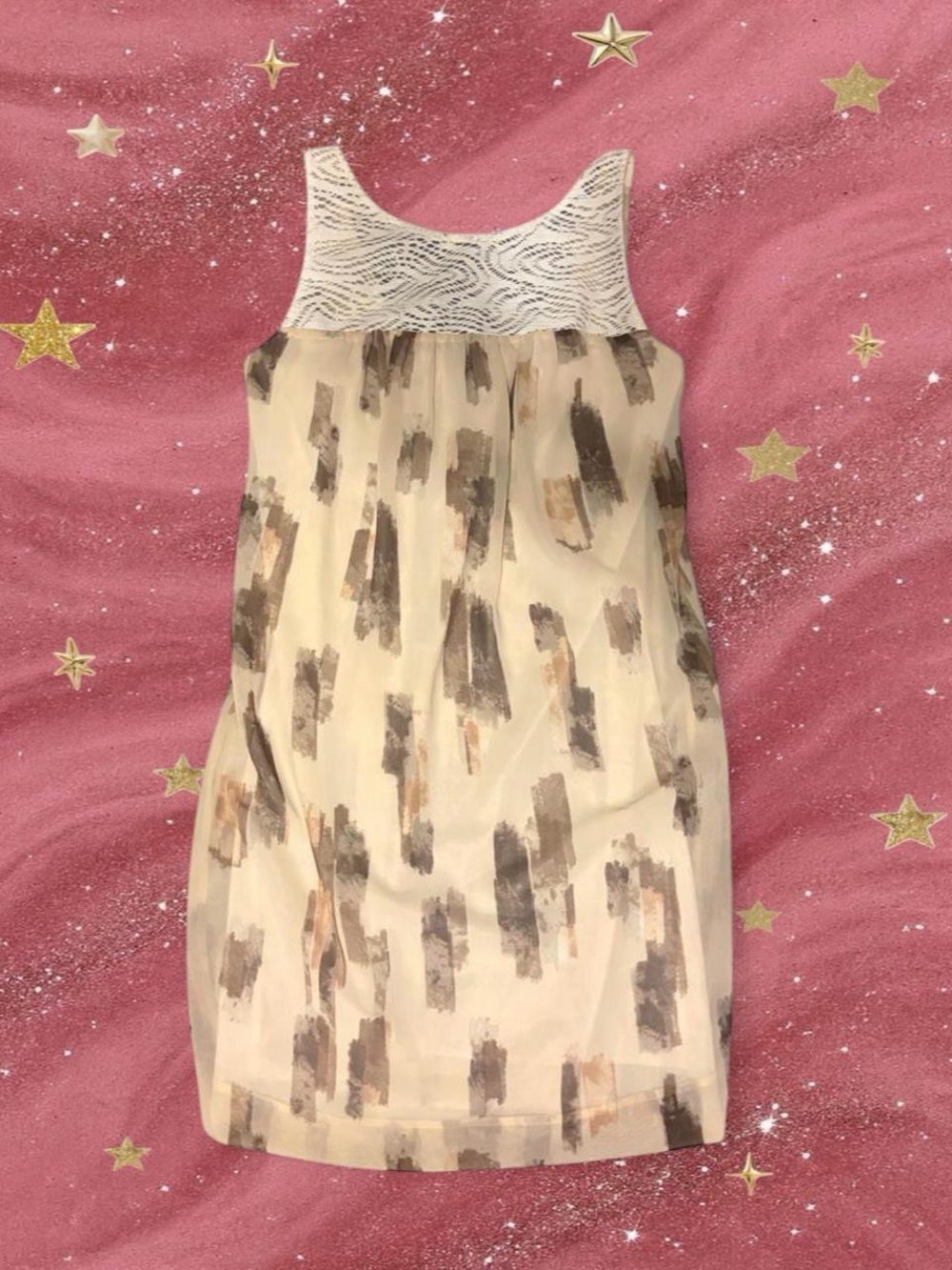 United Colors Of Benetton Cream Brushstroke Print Dress with Lace Yoke
